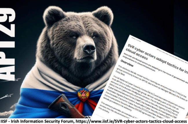 APT29 Cozy Bear source: IISF - Irish Information Security Forum, https://www.iisf.ie/SVR-cyber-actors-tactics-cloud-access