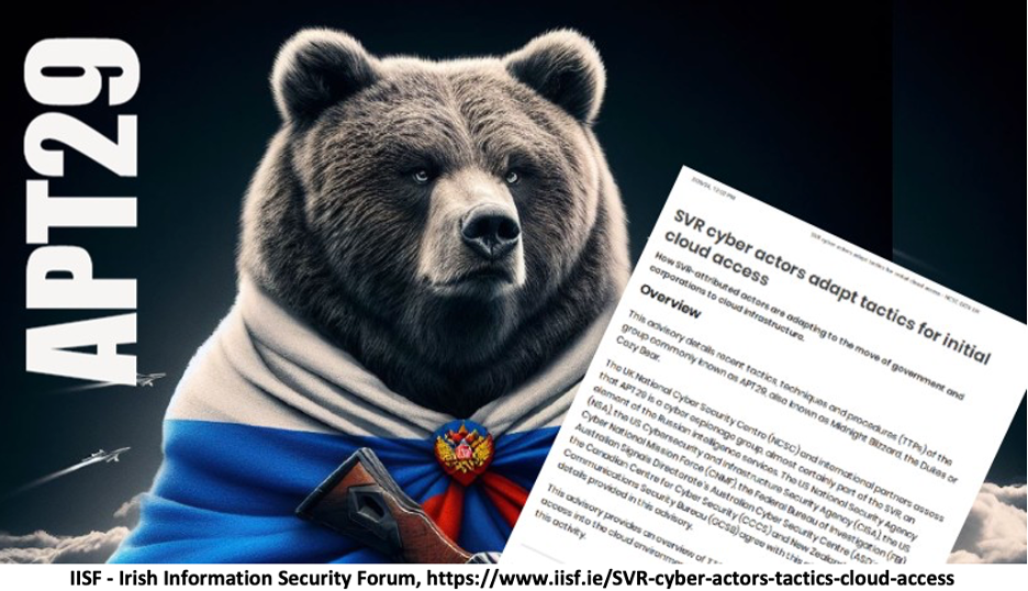 APT29 Cozy Bear source: IISF - Irish Information Security Forum, https://www.iisf.ie/SVR-cyber-actors-tactics-cloud-access